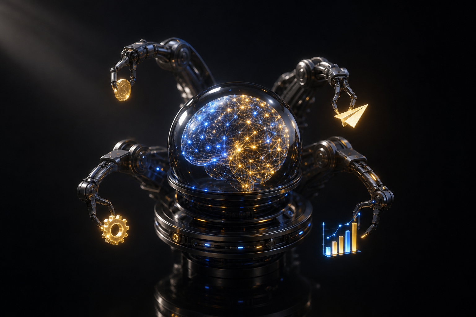 Glass AI neural core with robotic arms handling marketing task objects