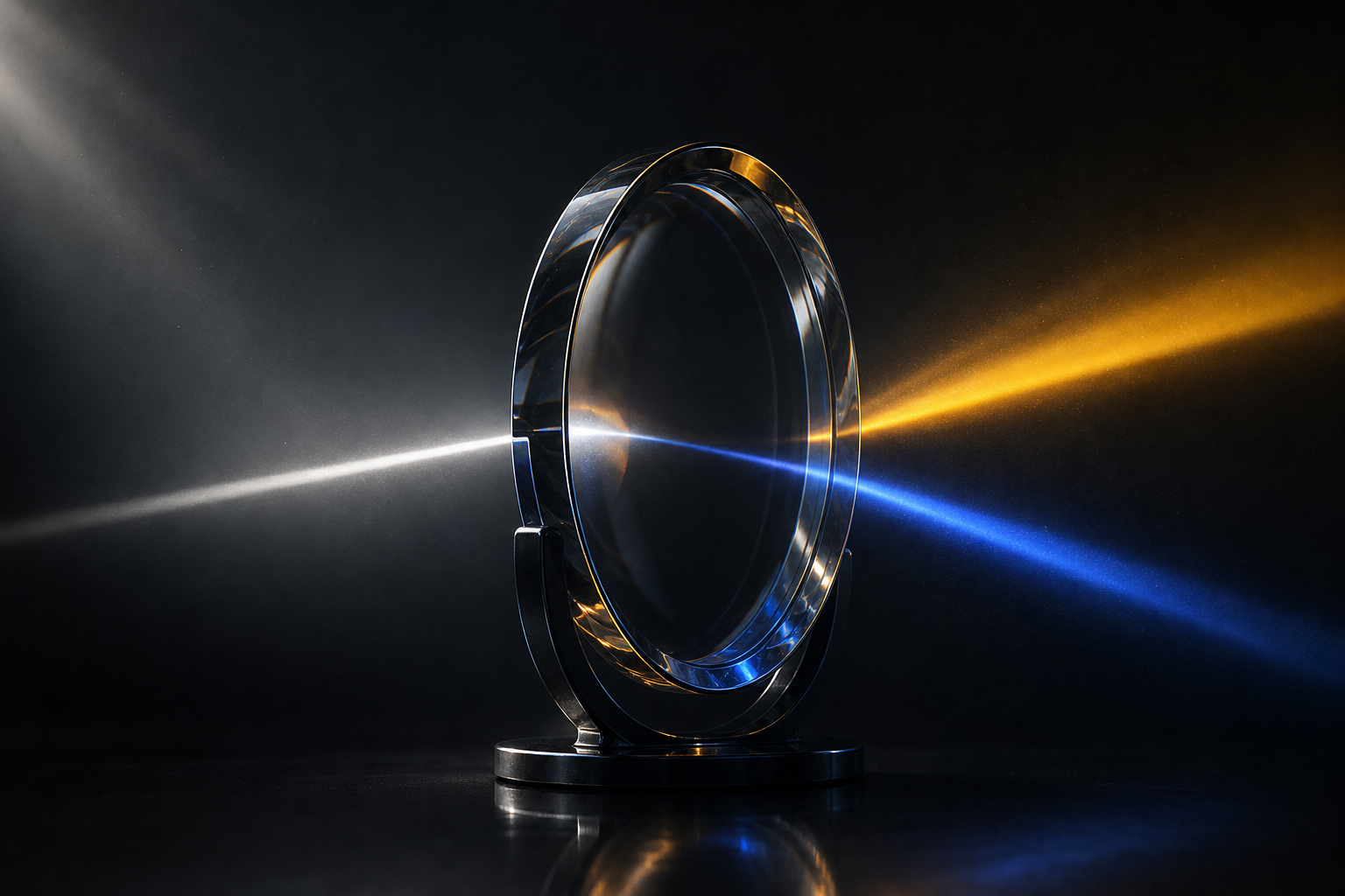 Crystal lens splitting a beam of light into amber and blue streams